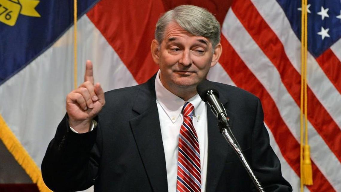 Buck Newton, Republican candidate for N.C. attorney general, speaks prior to the appearance of Mike Pence, Republican candidate for vice president at the Fletcher Opera Theater at the Duke Energy Center for the Performing Arts in Raleigh, N.C. Thursday, August 4, 2016.