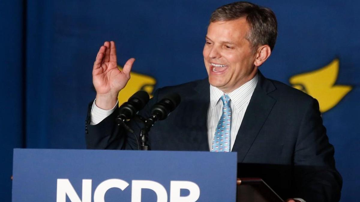 Josh Stein declares victory as he speaks to the crowd during an election party hosted by the North Carolina Democratic Party at the Raleigh Marriott City Center in downtown Raleigh, N.C., Tuesday, Nov. 8, 2016.
