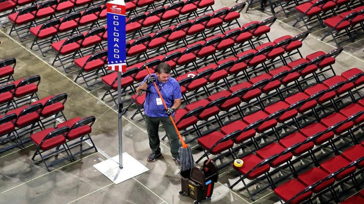A worker mops the convention floor as preparations take place for the Republican National Convention inside Quicken Loans Arena in Cleveland on Saturday, July 16, 2016.