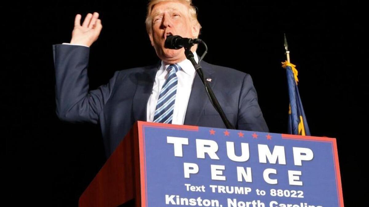Republican candidate for president Donald Trump speaks as he makes a campaign stop at Kinston Regional Jetport in Kinston on Oct. 26, 2016.