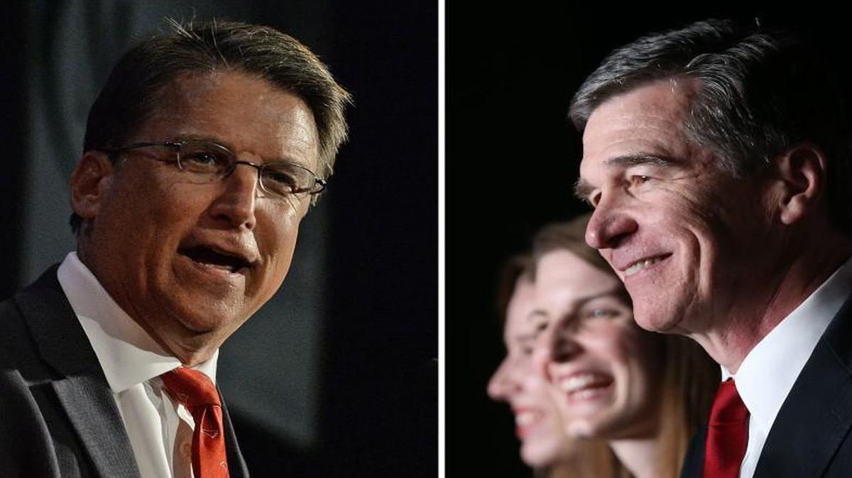 Gov. Pat McCrory, left, and Democratic challenger Roy Cooper appear before their supporters after the tallied votes showing Cooper with a razor-thin victory in the governor’s race. A recount is likely.