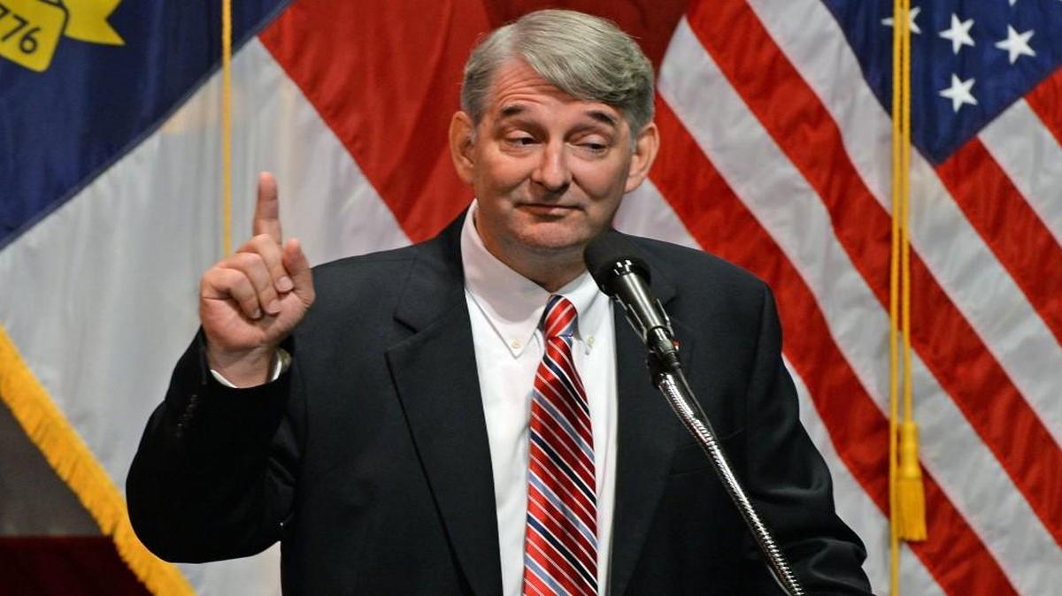 Buck Newton, Republican candidate for N.C. attorney general speaks prior to the appearance of Mike Pence, Republican candidate for vice president at a town meeting event at the Fletcher Opera Theater at the Duke Energy Center for the Performing Arts in Raleigh, N.C. Thursday, August 4, 2016.