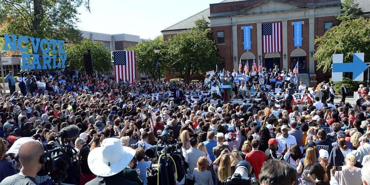 Democratic candidate for President Hillary Clinton speaks to the crowd as she holds a rally at St. Augustine’s University in Raleigh, N.C. Sunday, October 23, 2016.