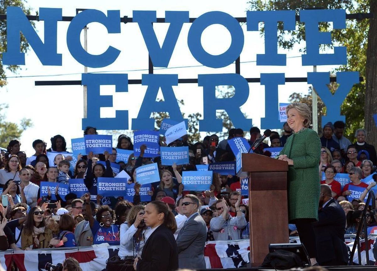 Democratic candidate for President Hillary Clinton speaks as she holds a rally at St. Augustine’s University in Raleigh, N.C. Sunday, October 23, 2016.