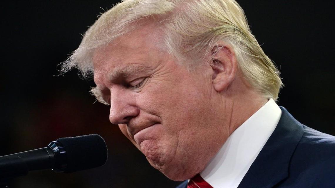 Republican presidential candidate Donald Trump grimaces as he makes remarks at the Trask Coliseum on the campus of UNC-W in Wilmington, N.C. August 9, 2016.