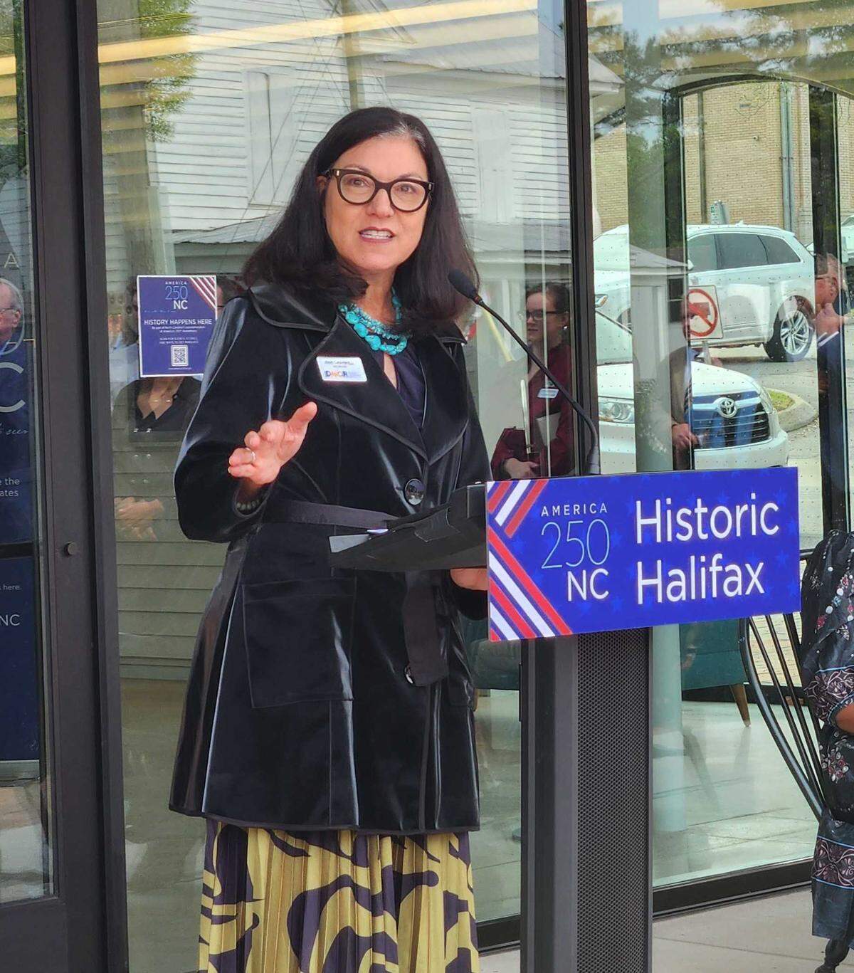 Pamela Brewington Cashwell, secretary of the North Carolina Department of Natural and Cultural Resources, speaks during an opening ceremony for the new Halifax Visitor Center in Halifax, N.C. on Tuesday, April 7, 2026.