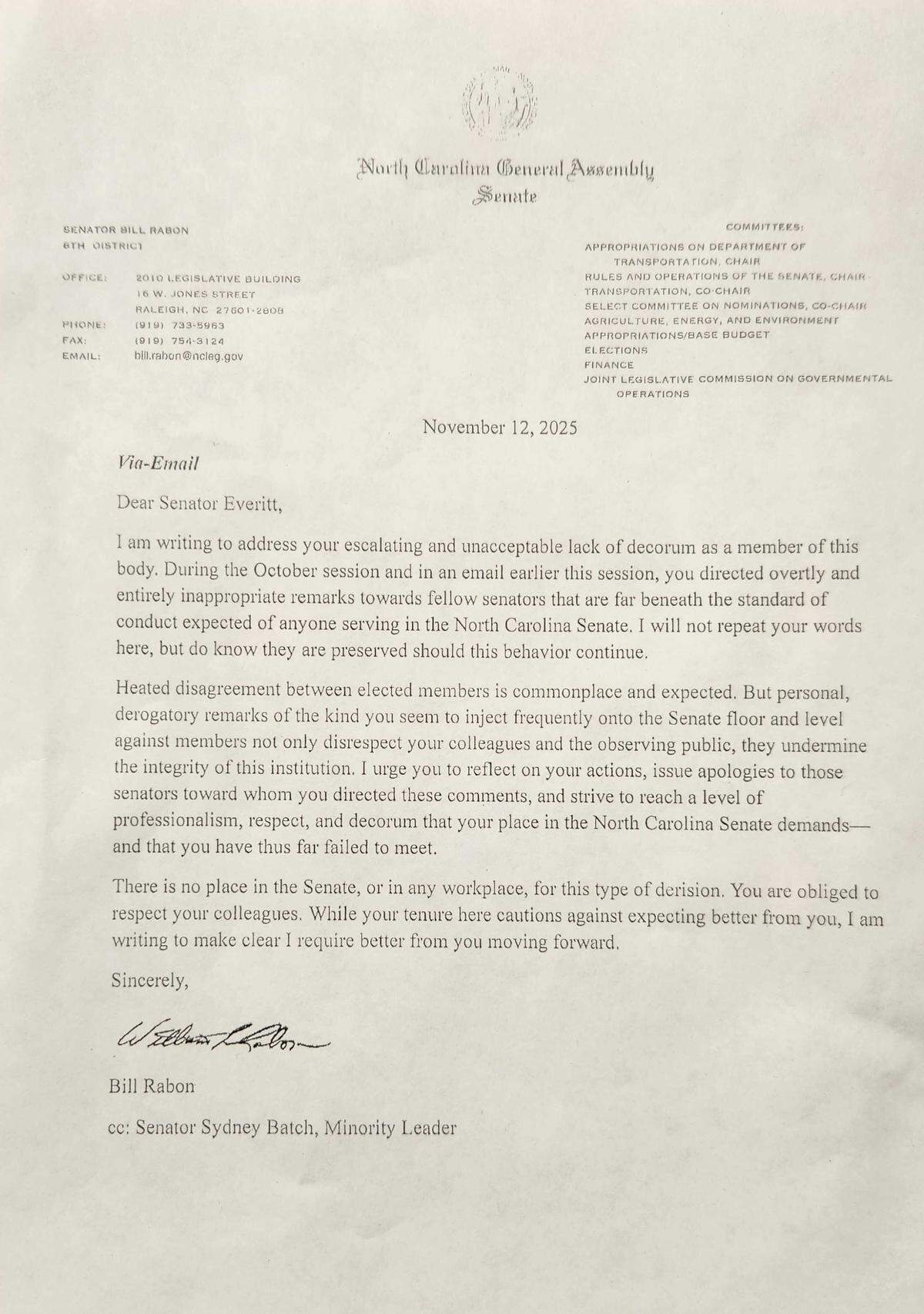A letter sent to Sen. Terence Everitt from Senate Rules Chair Bill Rabon, admonishing Everitt for his “escalating and unacceptable lack of decorum” in the North Carolina Senate.