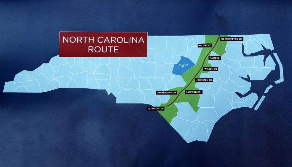 A map provided by the protesters of the Atlantic Coast Pipeline shows the route of the proposed natural gas Atlantic Coast Pipeline would take through the state. Activist Greg Yost from Buncombe Co. is on day 9 of a 14 day water-only fast to protest against the the proposed