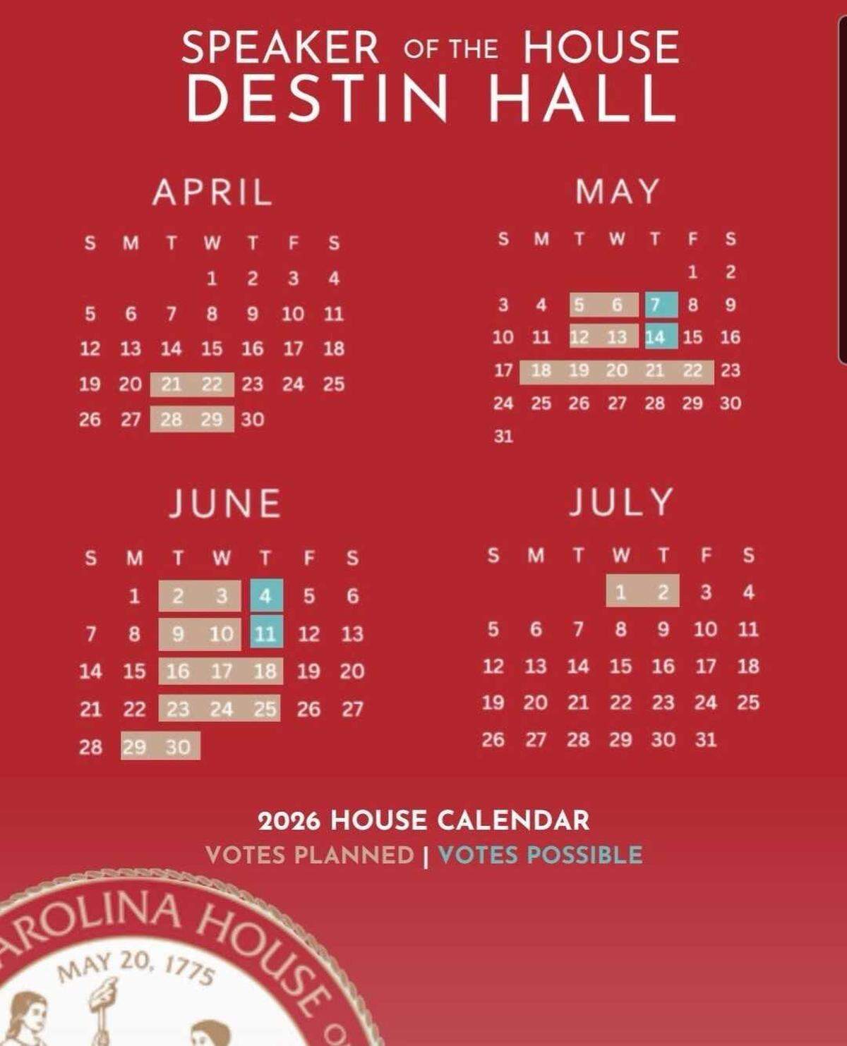 The North Carolina House voting calendar shared by House Speaker Destin Hall on social media and with representatives.