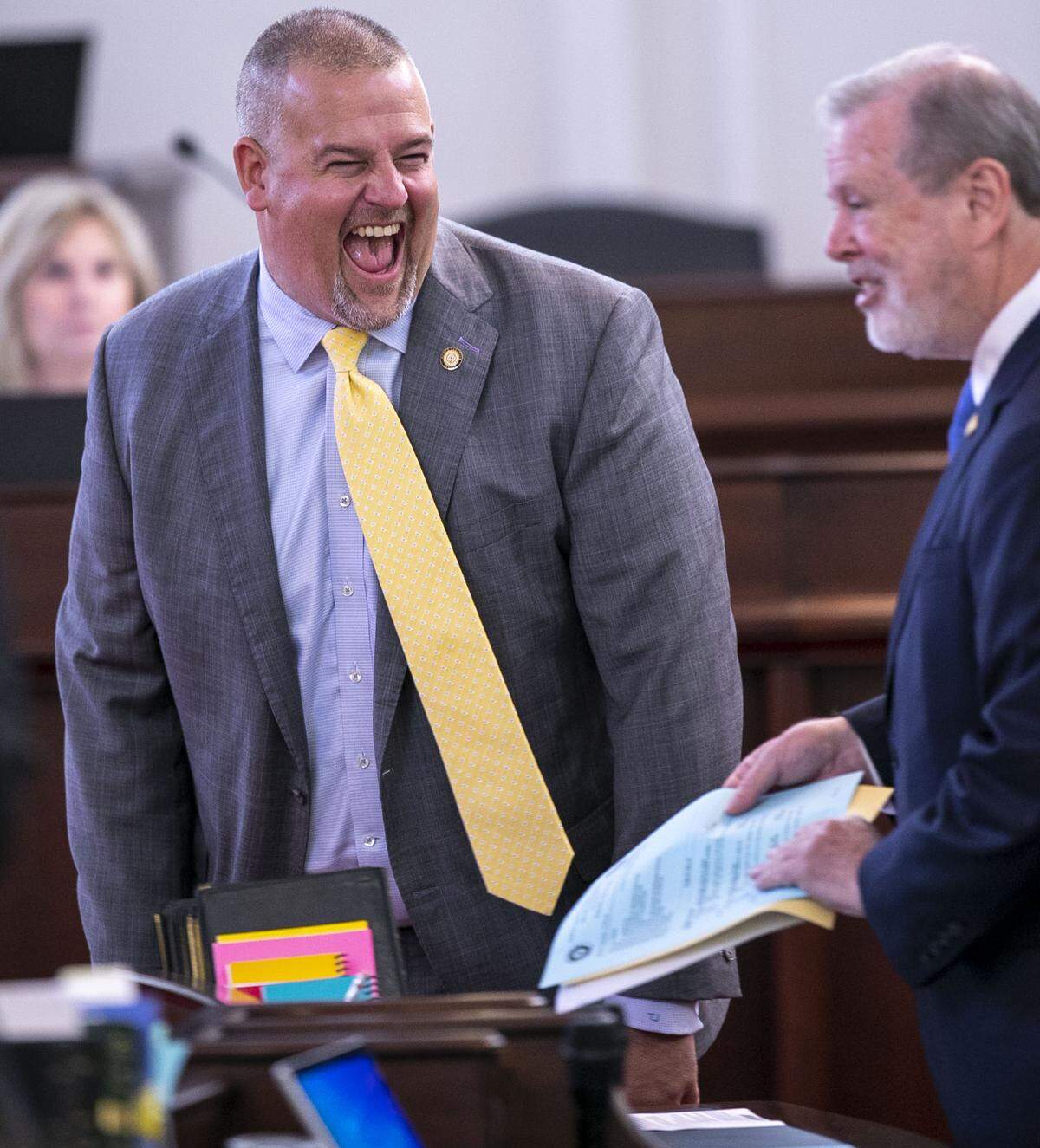 Senator Todd Johnson laughs with Senator Phil Berger, President Pro Tempore of the N.C. Senate, prior to their session on Thursday, August 26, 2021 in Raleigh, N.C.