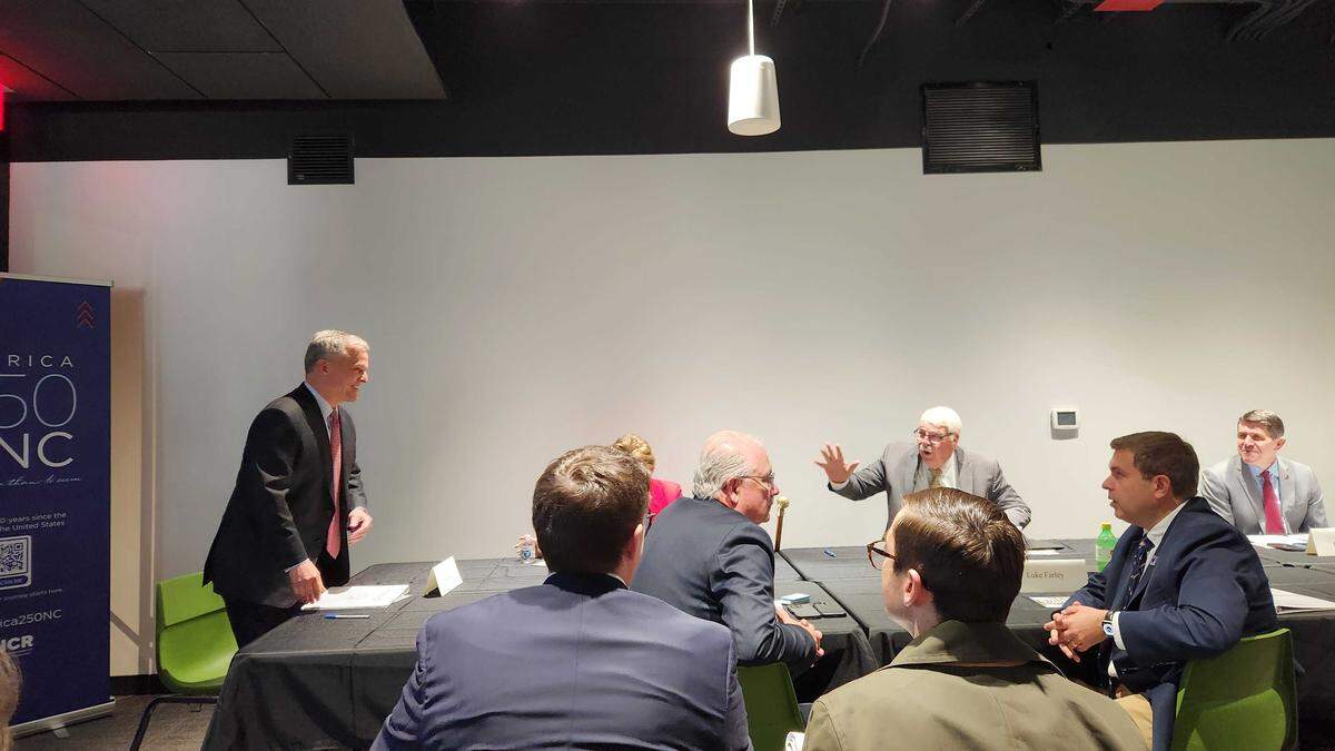 NC Gov. Josh Stein talks to the Council of State as they started their meeting on Tuesday, April 7, 2026 in Halifax, held there because of the anniversary of the Halifax Resolves on April 12, 1776.