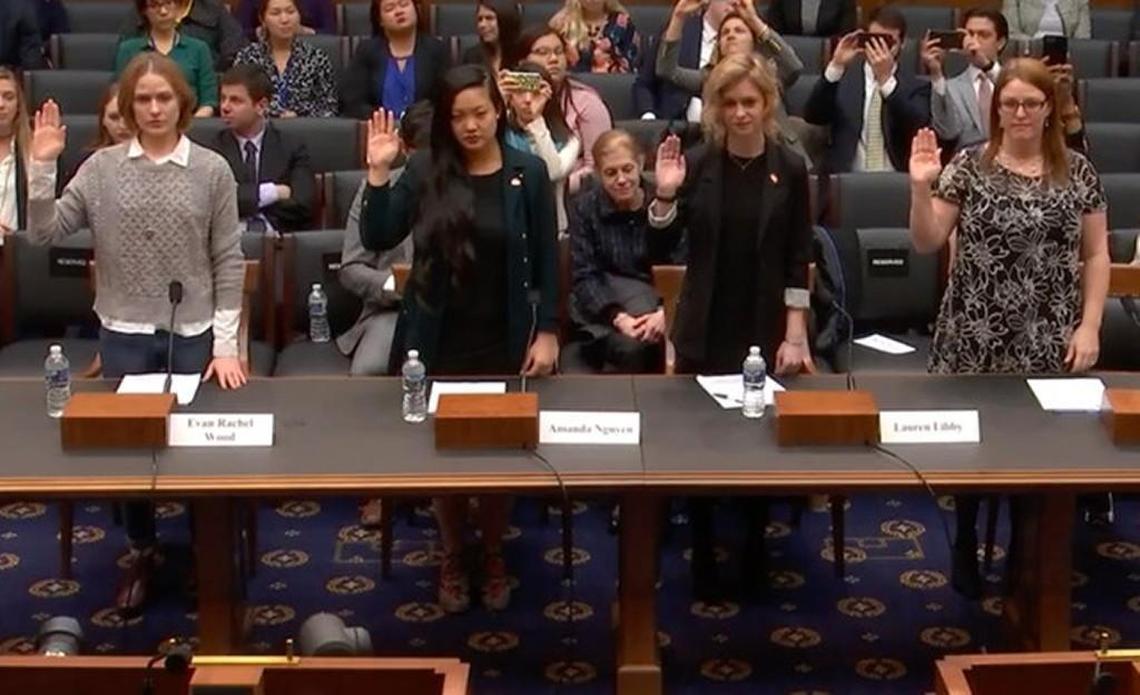 Evan Rachel Wood, Amanda Nguyen and Lauren Libby of the nonprofit Rise and Rebecca O'Connor of the Rape Abuse and Incest National Network (RAINN) speak before the House Judiciary Committee on Tuesday, Feb. 27, 2018.