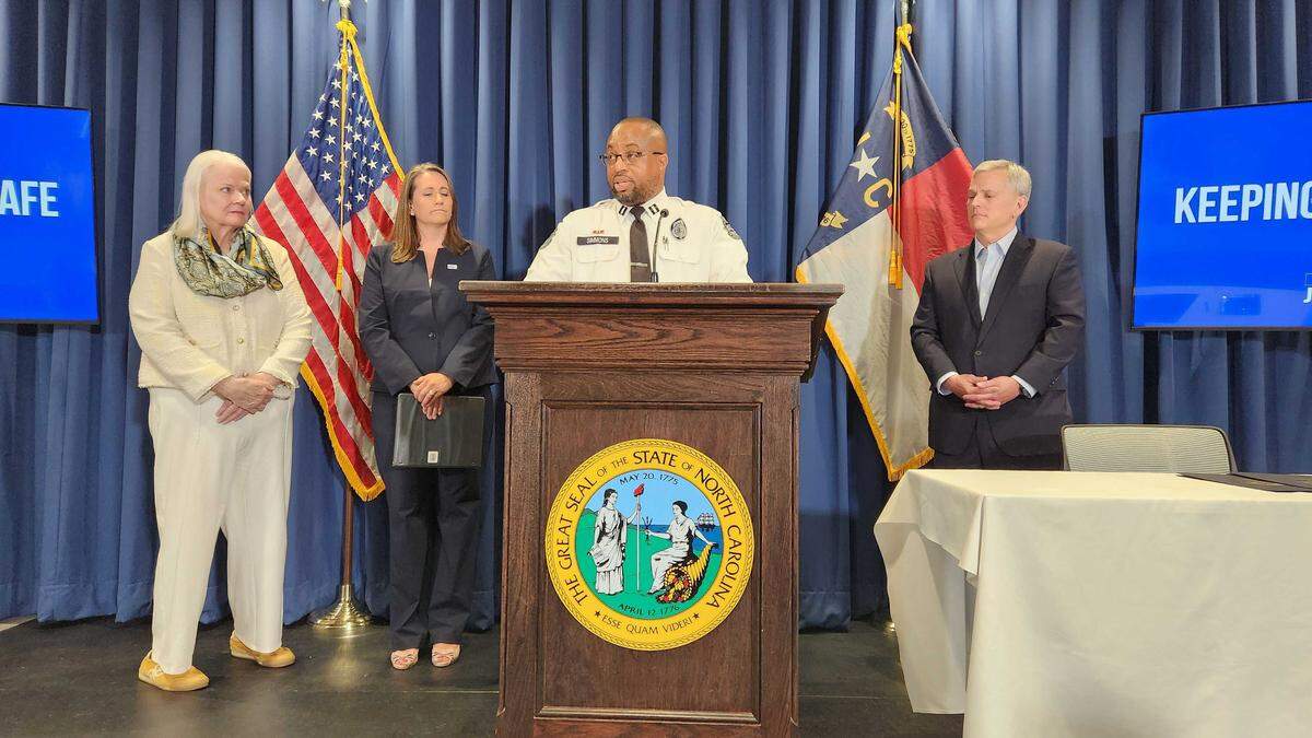 Capt. Derrick Simmons, a shift supervisor at Neuse Correctional Institution in Goldsboro, talks about understaffing in the Department of Correction during a news briefing on Wednesday, May 27, 2026.