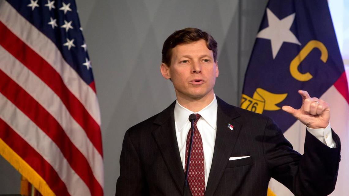 
Newly appointed State Budget Director Lee Roberts addresses members of the media in the Joint Force Headquarters Media Briefing Room in Raleigh, N.C. on Thursday, March 5, 2015, as he helps to unveils Governor McCrory's proposed 2015-2017 Budget for the state.
