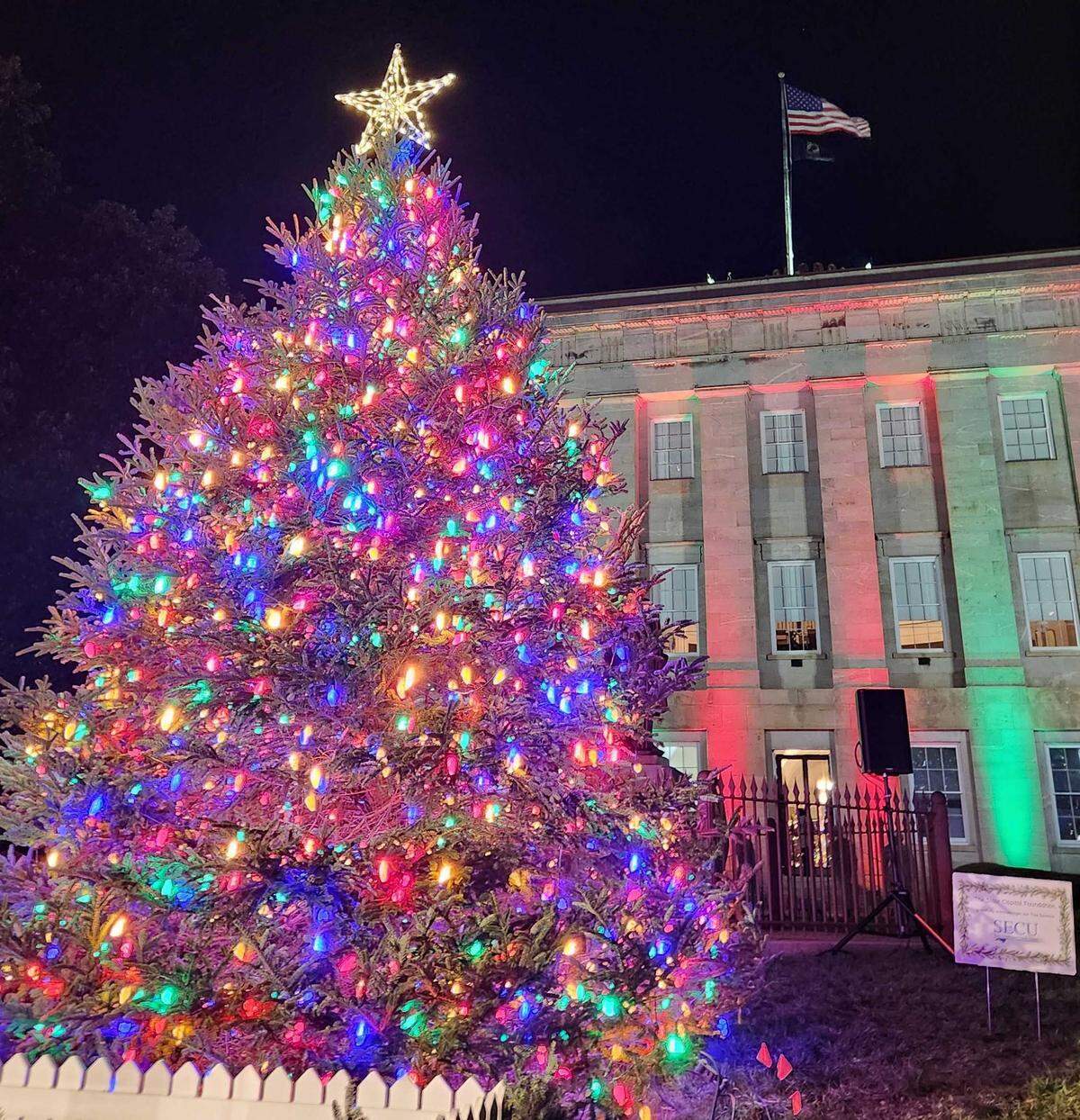 The North Carolina Capitol Christmas tree, photographed after it was lit by Gov. Josh Stein on Dec. 111, 2025.