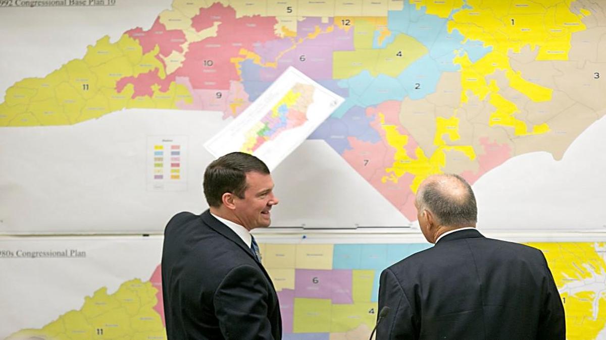 Senators Dan Soucek, left, and Brent Jackson, right, review historical maps during the Senate Redistricting Committee for the 2016 Extra Session in the Legislative Office Building at the N.C. General Assembly on Tuesday, February 16, 2016.