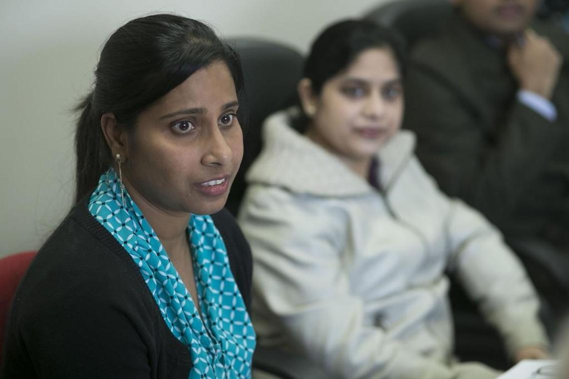 Abhigna Polavarapu, left, a research scientist working at UNC-Chapel Hill, talks with Rep. David Price during a meeting at his Chapel Hill office on Thursday, January 25, 2017 in Chapel Hill, N.C.