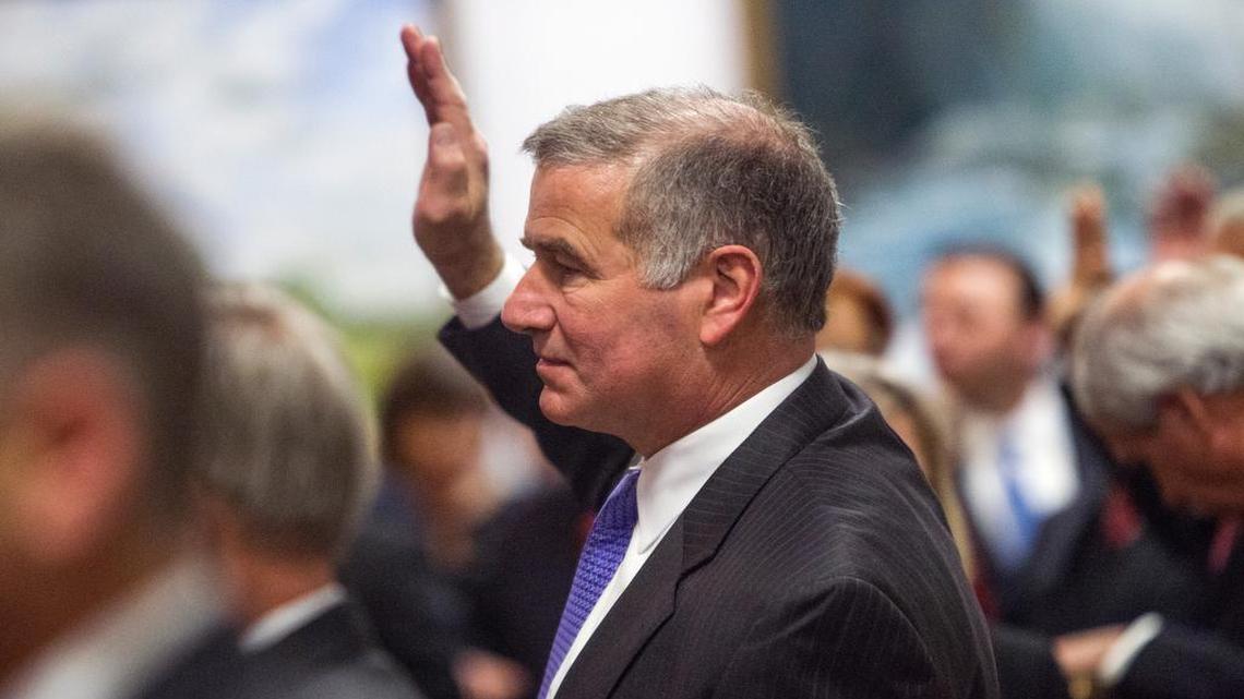 
Republican Rep. John Blust, seen here taking the oath of office in January, spoke out against fellow GOP legislators’ efforts to change how the Greensboro City Council is elected. He said House members are worried about Senate retaliation if they don’t back the changes.
