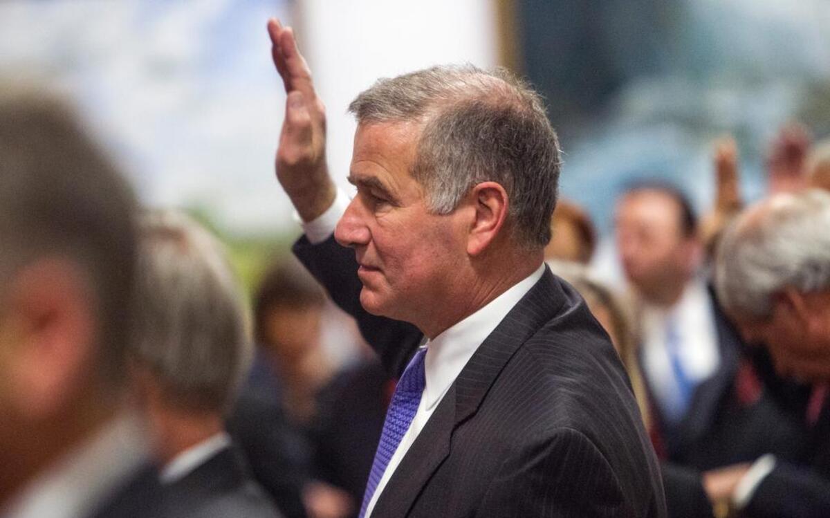 
Republican Rep. John Blust, seen here taking the oath of office in January, spoke out against fellow GOP legislators’ efforts to change how the Greensboro City Council is elected. He said House members are worried about Senate retaliation if they don’t back the changes.
