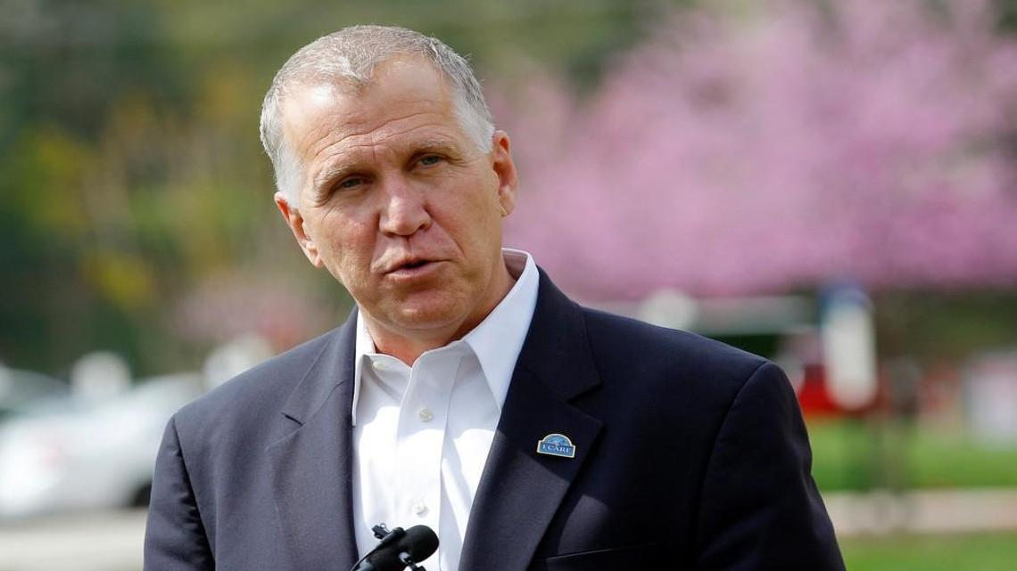U.S. Sen. Thom Tillis speaks to the media after touring the V.A. Hospital in Durham, N.C. on April 10, 2015.