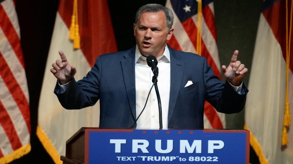 N.C. Lt. Governor Dan Forest speaks to the crowd as they await to hear presumptive Republican presidential candidate Donald Trump speak at the Duke Energy Center for the Performing Arts in Raleigh, N.C. Tuesday, July 5, 2016.