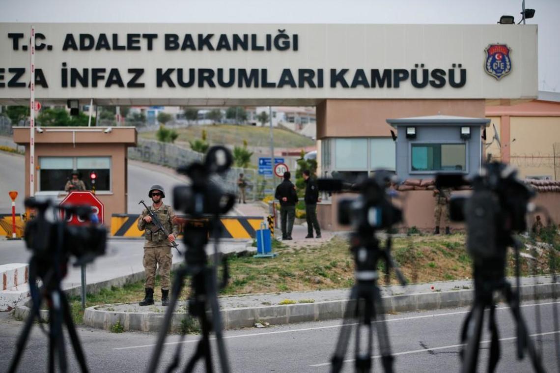 Cameras of members of the media are placed across from the prison complex in Aliaga, Turkey, where jailed Andrew Brunson appeared for his trial at a court inside the complex, Monday, April 16, 2018.