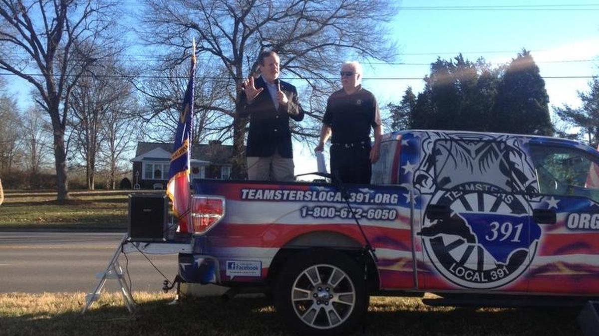 Senate leader Phil Berger, a Republican, speaks to brewery workers Tuesday in his home district from a Teamsters Local 391 pickup truck.