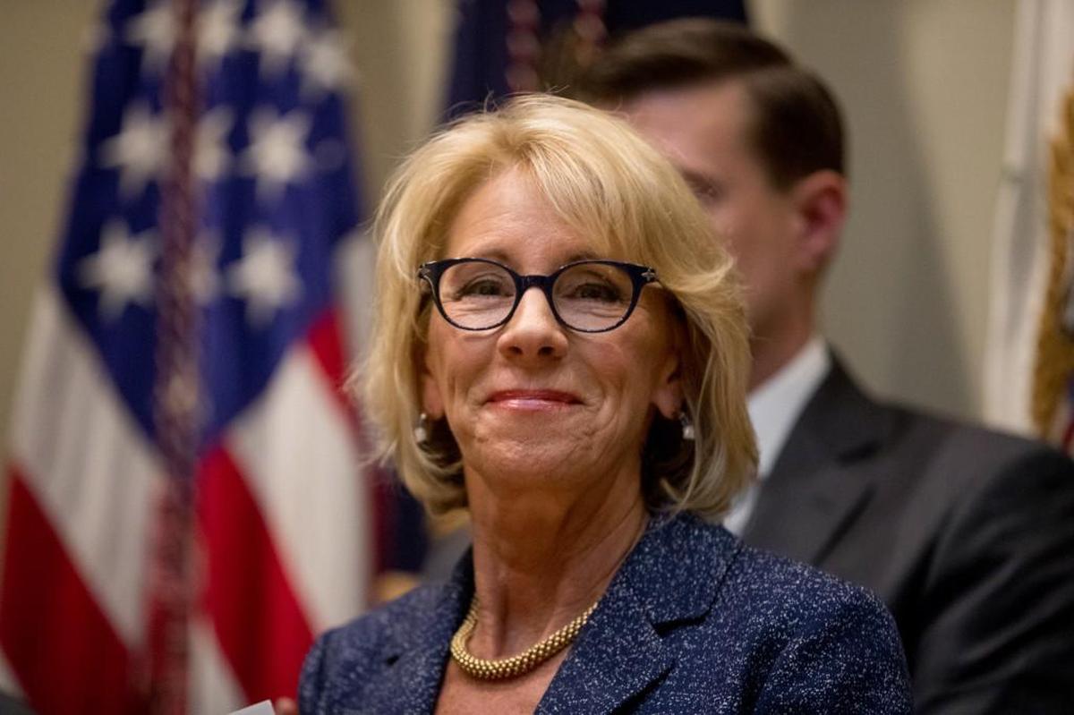 Education Secretary Betsy DeVos attends a federalism event with governors in the Roosevelt Room at the White House in Washington, Wednesday, April 26, 2017.