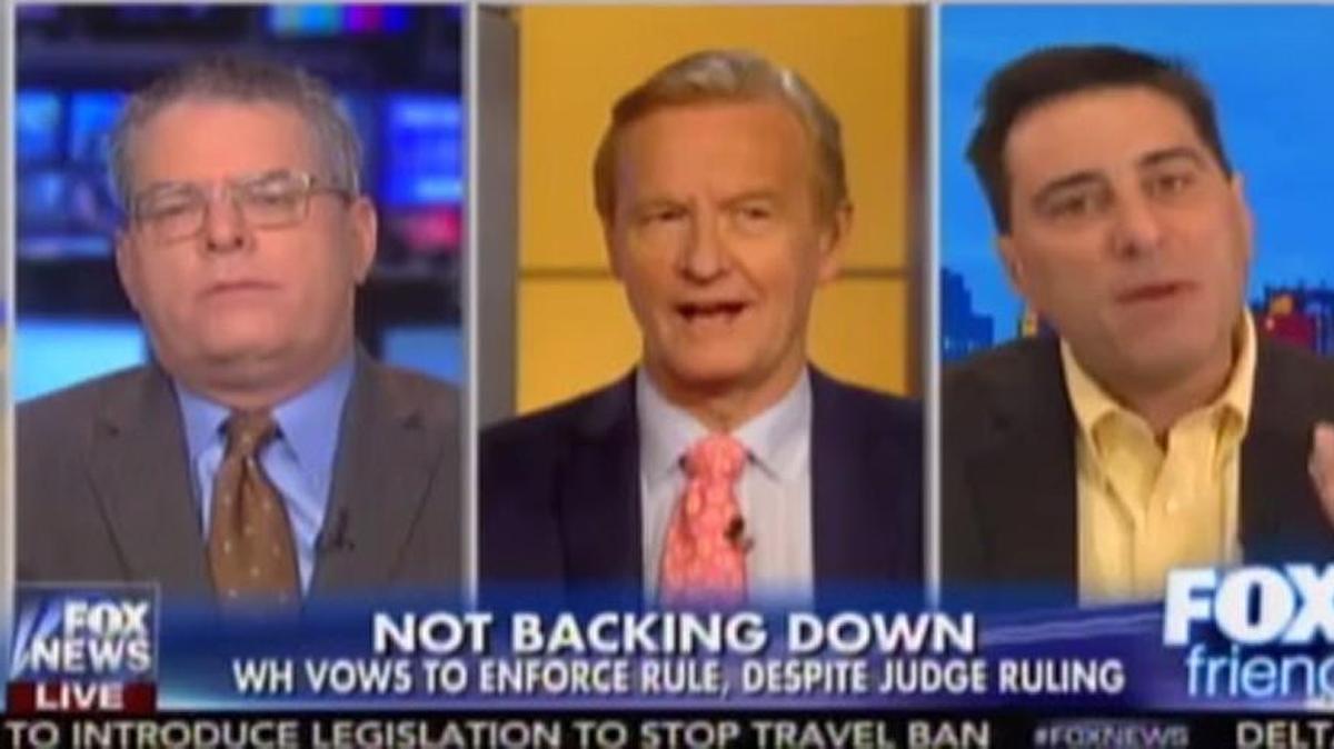 From left, Brad Woodhouse, Fox News host Steve Doocy and Dallas Woodhouse discussed President Donald Trump’s immigration order.