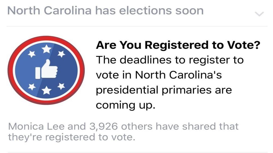 Facebook released this example of what its voter registration reminders will look like on news feeds.