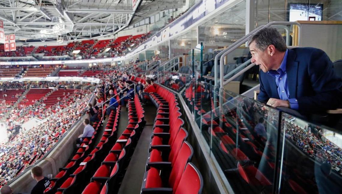 Gov. Roy Cooper watches the action during an NHL game played between the Carolina Hurricanes and the Toronto Maple Leafs at PNC Arena in Raleigh, N.C. on Feb. 19, 2017. He is an avid Canes hockey fan; he has attended many games going back to the days when they played in the 2002 Stanley Cup playoffs.