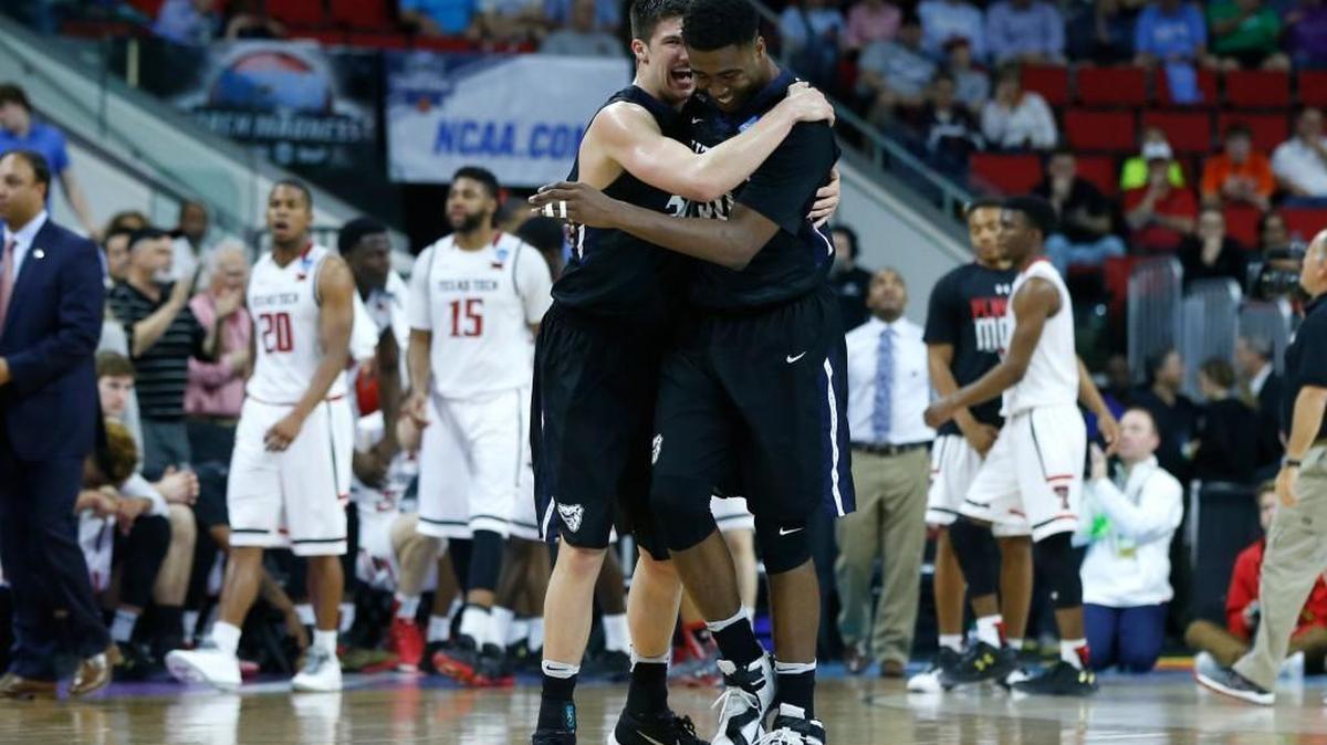 Butler's Kellen Dunham (24), left, and Kelan Martin (30) celebrate after Butler's 71-61 victory over Texas Tech in the first round of the NCAA Division I Men's Basketball Championship at PNC Arena in Raleigh on March 17, 2016. HB2 has put Raleigh at risk of being cut out of the bid process for future tournaments.