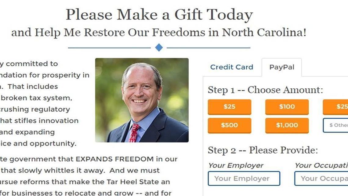 Rep. Dan Bishop, who sponsored House Bill 2, encourages supporters to donate to his campaign using a PayPal account.