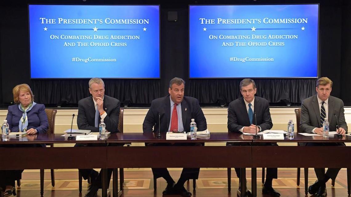 New Jersey Gov. Chris Christie, center, chairman of the President's Commission on Combating Drug Addiction and the Opioid Crisis, at the beginning of the first meeting June 16, 2017, in the Eisenhower Executive Office Building at the White House complex in Washington. From left are Dr. Bertha K. Madras, a Harvard Medical School professor who specializes in addiction biology, Massachusetts Gov. Charlie Baker, Christie, North Carolina Gov. Roy Cooper, and former Rhode Island Rep. Patrick Kennedy.