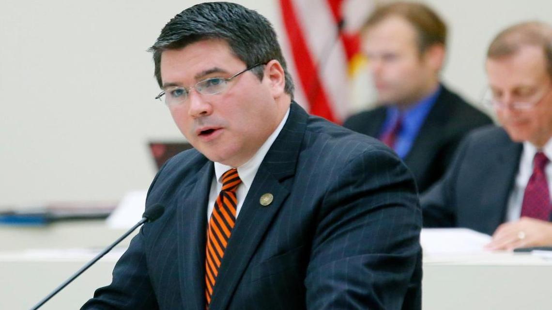 Sen. Andrew Brock makes his presentation during the Senate appropriations committee meeting on Tuesday, June 16, 2015 at the Legislative Office Building in Raleigh.