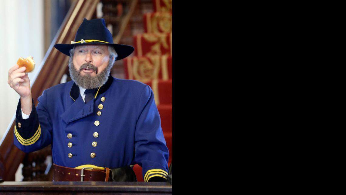 
Actor Ira David Wood III cites North Carolina barbecue as the reason he didn’t burn Raleigh to the ground as he portrays Union General William Tecumseh Sherman at an event at the Governor’s Mansion on Monday commemorating the 150th anniversary of the surrender of the city.
