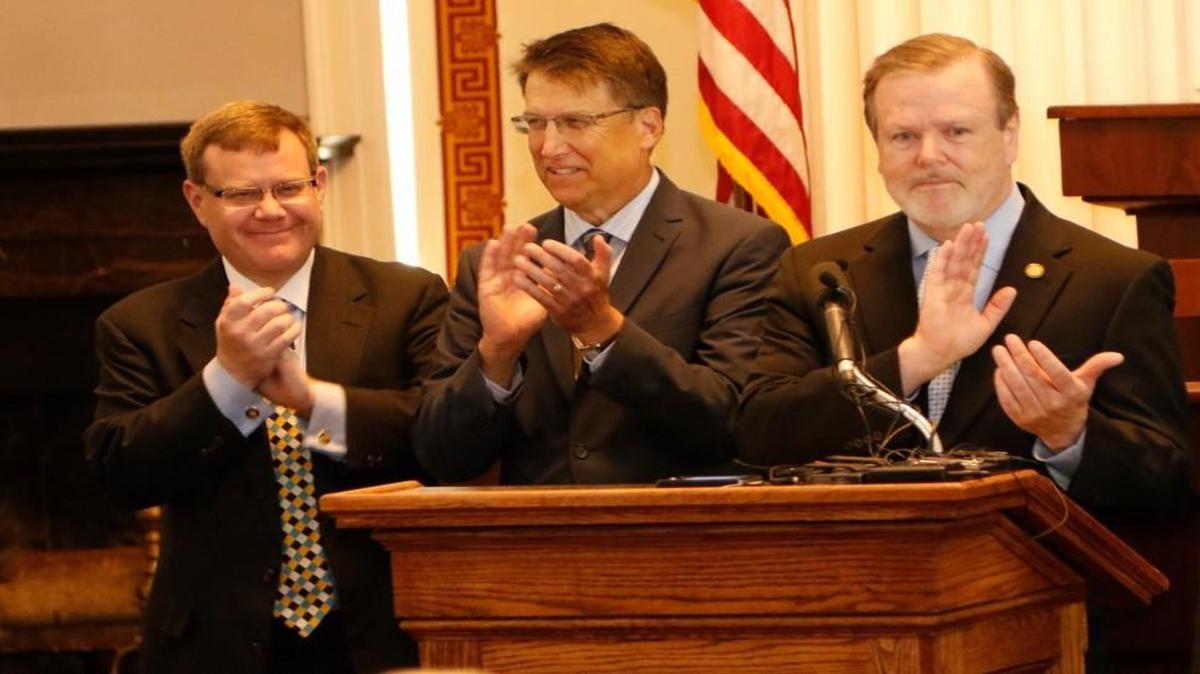 From left, House Speaker Tim Moore, NC Gov. Pat McCrory and Senate leader Phil Berger at a news conference last year. While Moore is interested in a special legislative session to overturn a Charlotte ordinance on bathroom use, Berger and McCrory say they’ll push for the action when the legislature is scheduled to return to Raleigh on April 25.