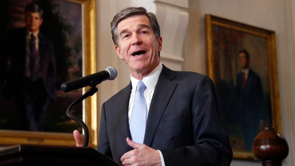 NC Gov. Roy Cooper holds a press conference at the Executive Mansion in Raleigh on March 30, 2017.