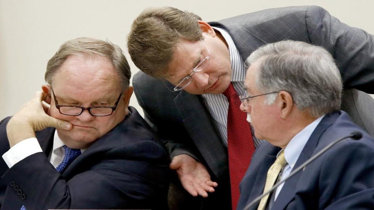 
Rep. Nelson Dollar (R-Wake), center, senior chair of the House Appropriations committee, confers with other committee chairs Rep. Chuck McGrady (R-Henderson), left, and Rep. Donny Lambeth (R-Forsyth) during a committee meeting at the Legislative Office Building in Raleigh on Wednesday, July 29, 2015. The N.C. House and N.C. Senate have yet to reach a budget agreement for the 2015 session.
