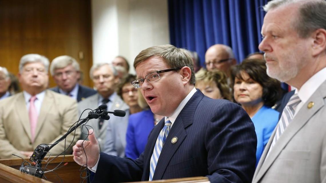 
Speaker of the House Tim Moore, center, and Senate Pro-tem Phil Berger, right, announced that the two sides have reached a budget agreement at a press conference held at the State Legislature in Raleigh on Monday, Sept. 14, 2015.
