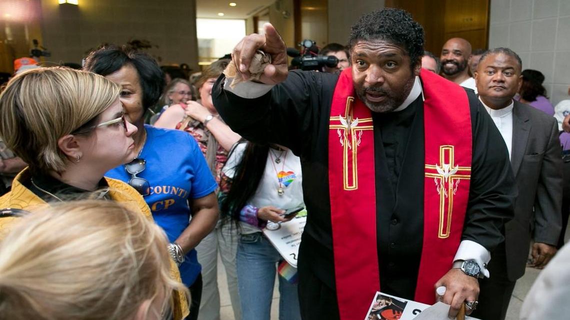 North Carolina NAACP President Rev. William Barber leads a peaceful sit in protest in opposition to House Bill 2 at the State Legislative Building in Raleigh, N.C.on Monday April 25, 2016.
