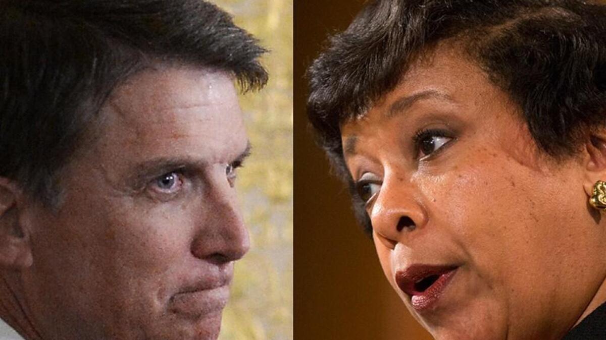 N.C. Gov. Pat McCrory, left, announces he has filed a lawsuit asking a federal court to determine that the controversial House Bill 2 is not illegally discriminatory Monday, May 9, 2016. Attorney General Loretta Lynch speaks during a news conference at the Justice Department in Washington, Monday, May 9, 2016. North Carolina Gov. Pat McCrory's administration sued the federal government Monday in a fight for a state law that limits protections for lesbian, gay, bisexual and transgender people. ()