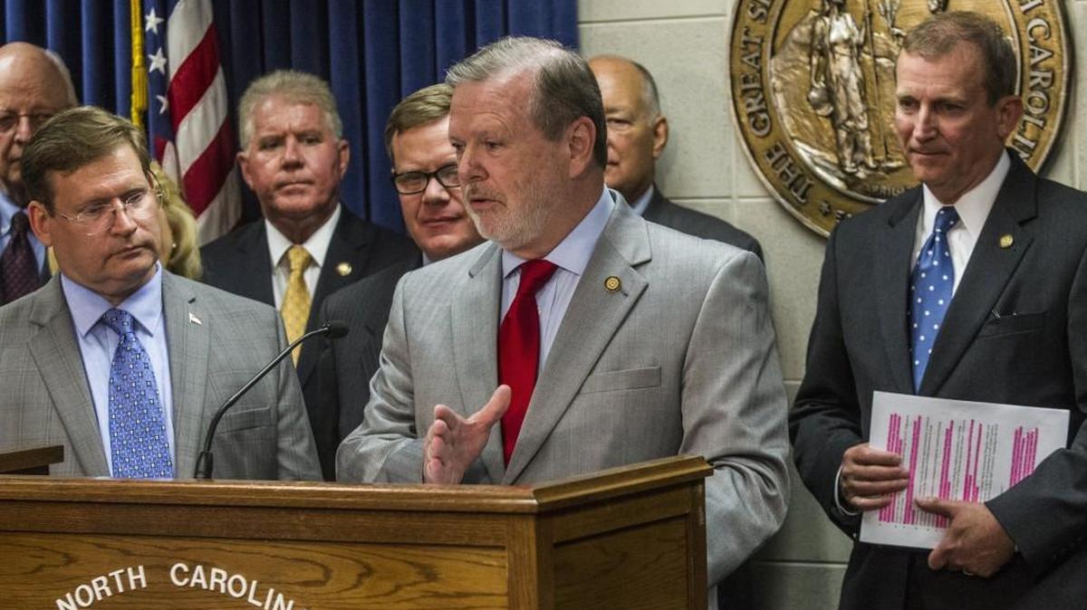 During a June 19, 2017, press conference, North Carolina Senate leader Phil Berger explains parts of a compromise state budget.