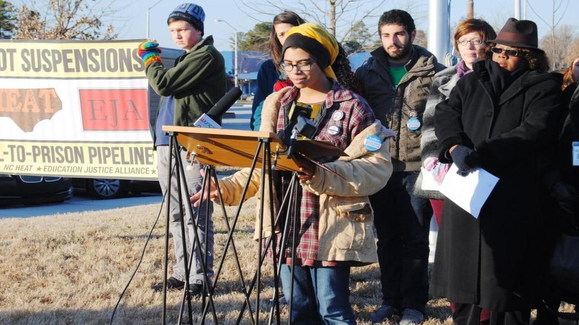 
Qasima Wideman, a student at Cary High School spoke about what she sees at her school in regards to student discipline practices. She said she has seen minority students, LGBTQ students and students with disabilities unfairly targeted by school resource officers.

