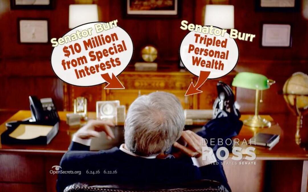 The first television ad from Senate hopeful Deborah Ross, a North Carolina Democrat challenging Republican Sen. Richard Burr, paints Burr as a self-serving politician. It shows Ross talking on the phone with an actor playing Burr, lounging in a posh office.