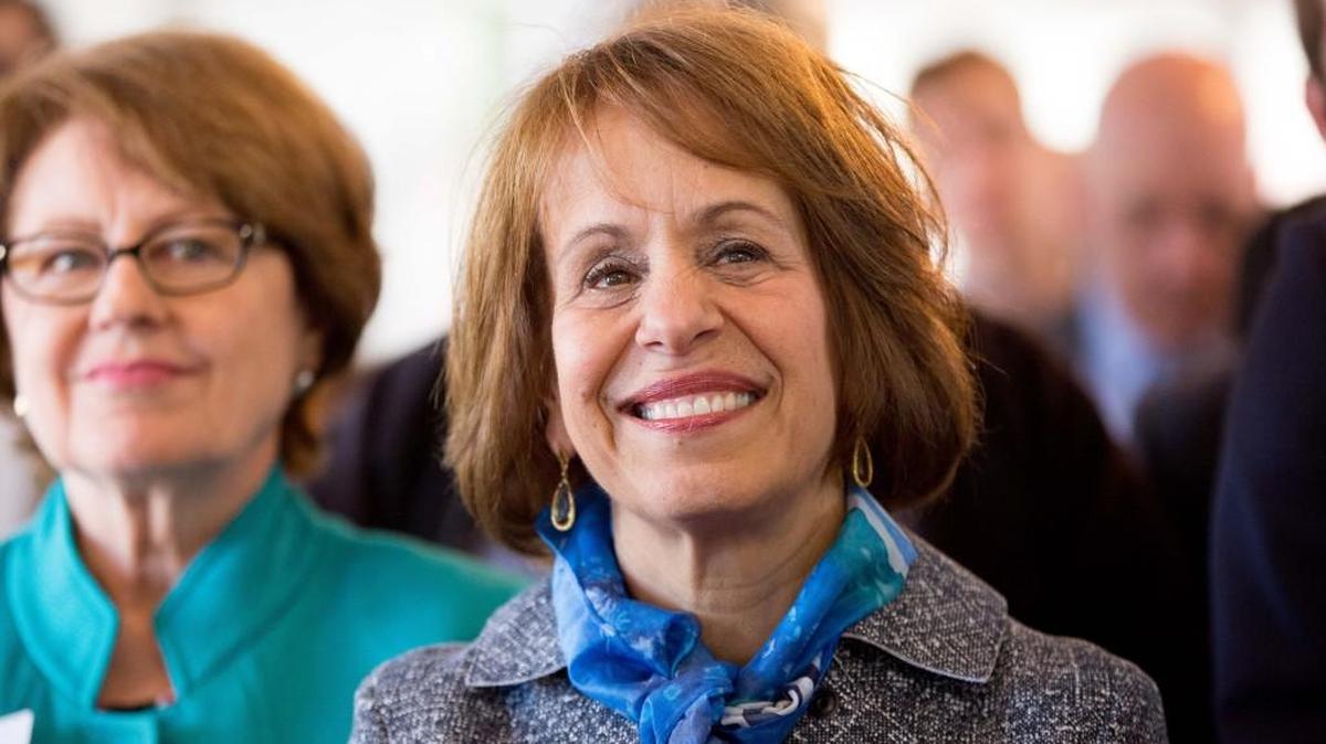 UNC chancellor Carol Folt listens to student entrepreneurs on Tuesday, March 22, 2016 in Chapel Hill, N.C.