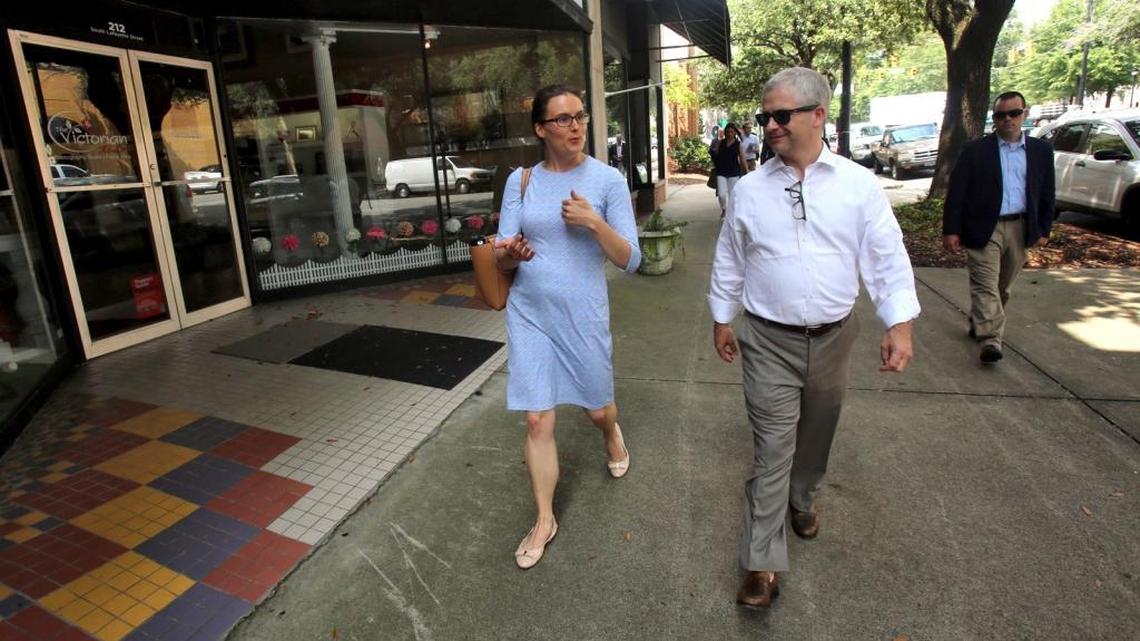 Internet Association Senior Director Government Affairs and Counsel Ellen Schrantz chats with Congressman Patrick McHenry as they make their way to small businesses in Shelby, N.C., on Thursday, Aug. 24, 2017. McHenry participated in the Shelby Small Business Crawl to learn about internet success stories from Main Street USA.