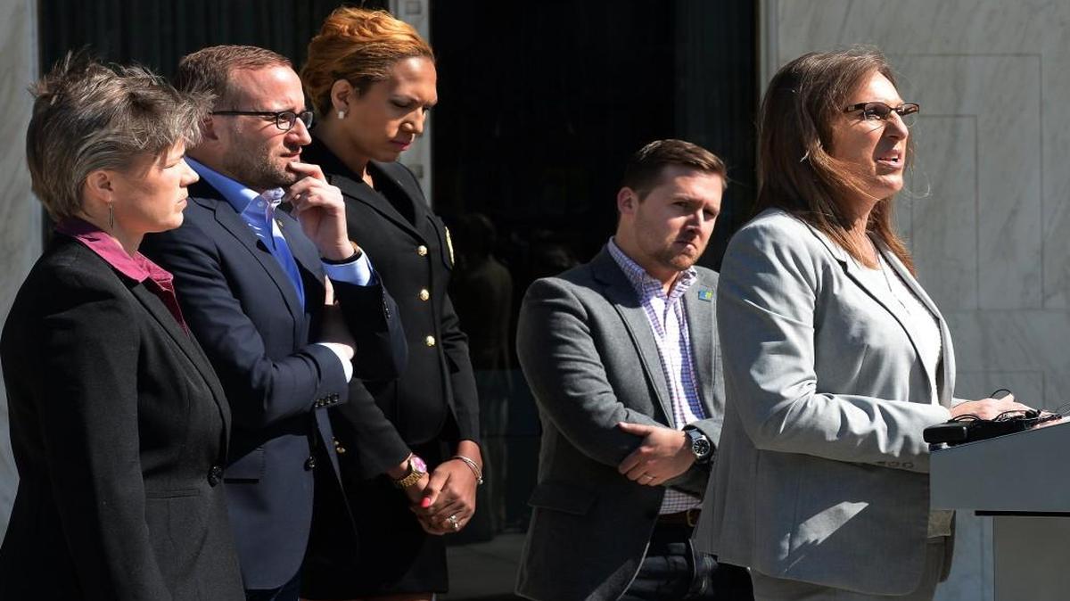Members of the The Human Rights Campaign, Equality NC Advancement , Transgender Legal Defense & Education Fund and LGBT advocates held a press conference on the front steps of the North Carolina General Assembly updating efforts underway to repeal HB2, in front of the Legislative Building in Raleigh, N.C. Thursday, April 14, 2016. From left, Tracy Hollister. LGBT Advocate, Chad Griffin, HRC President, Candis Cox-Daniels, Transgender Advocate, Matt Hirschy, Equality NC Advancement Director and Alaina Kupec, Transgender Legal Defense & Education Fund Board Member.