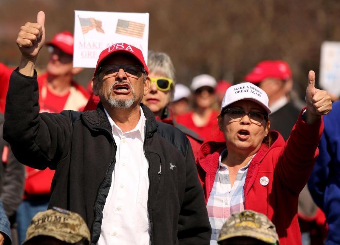 Yaya Garcia, left, and Lupe Garcia chant 'build that wall' during a March 4 Trump rally on Halifax Mall in downtown Raleigh on Saturday, March 4, 2017.