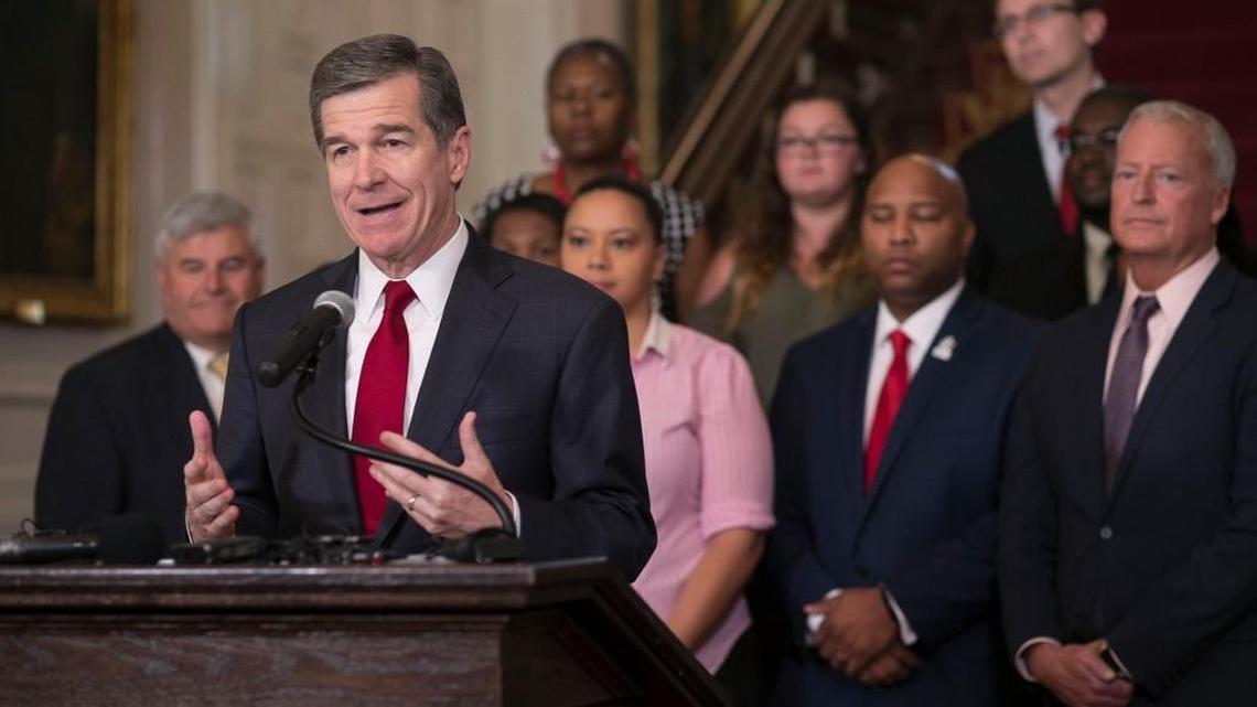 North Carolina Gov. Roy Cooper announces during a press conference at the Executive Mansion on June 26, 2017, in Raleigh, his plans to veto the budget bill from the legislature.
